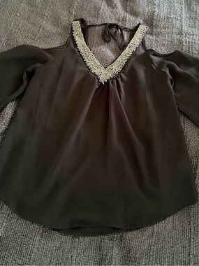 Socialite Black Cold-Shoulder Blouse with Silver Embellished V-Neck